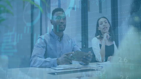 animation of financial data processing over diverse business people in office