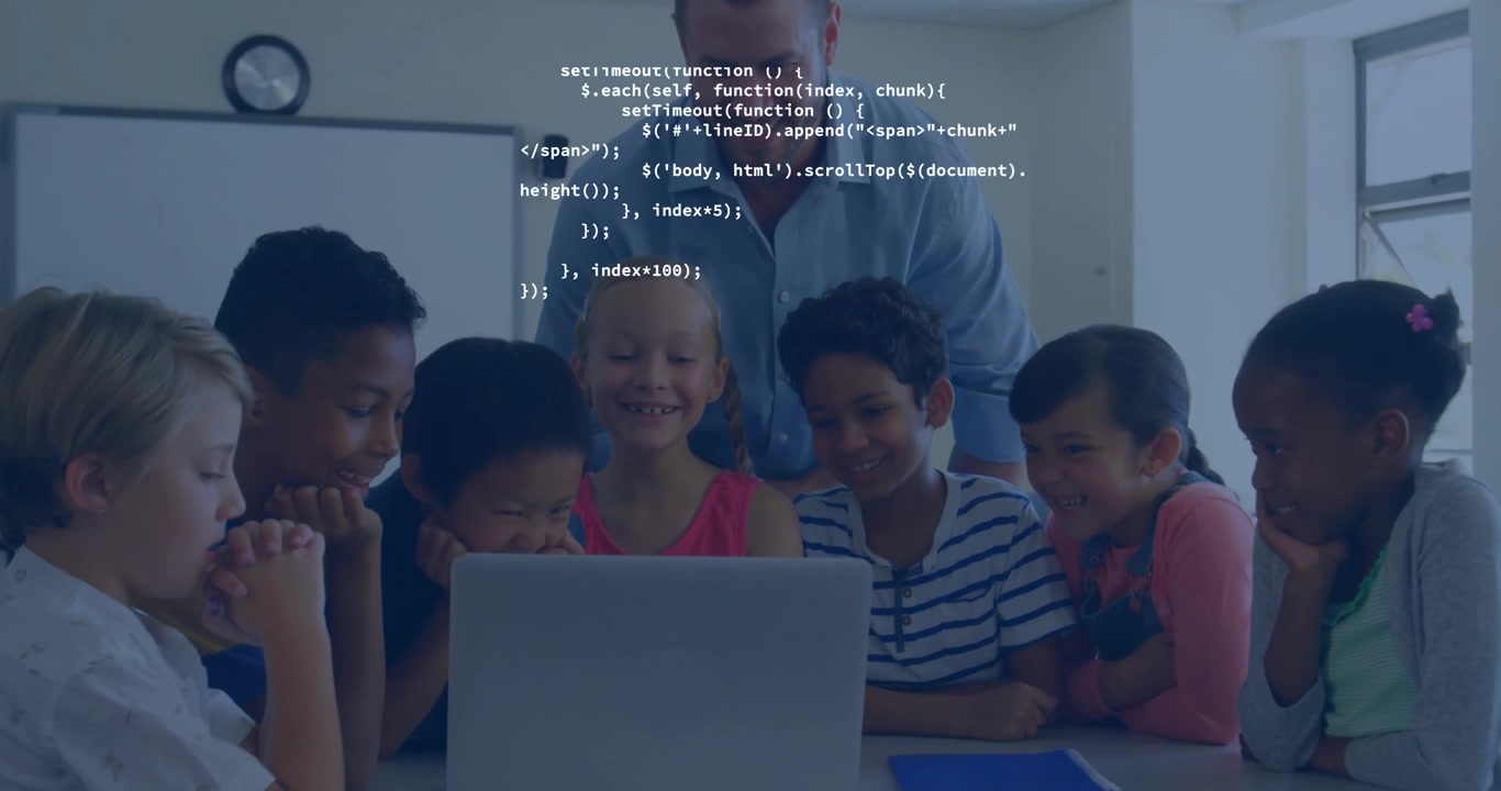 Teacher leaning over students at classroom table, projecting animated education charts above laptop