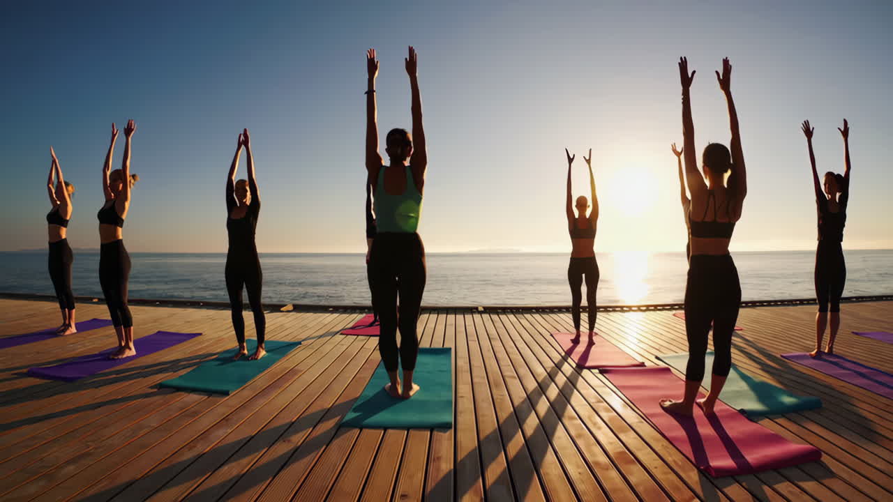 Yoga class on a beach pier at sunrise