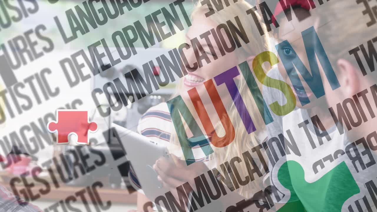 다채로운 퍼즐 조각과 자폐증 텍스트의 애니메이션 비즈니스 사람들이 디지털 장치를 사용하여