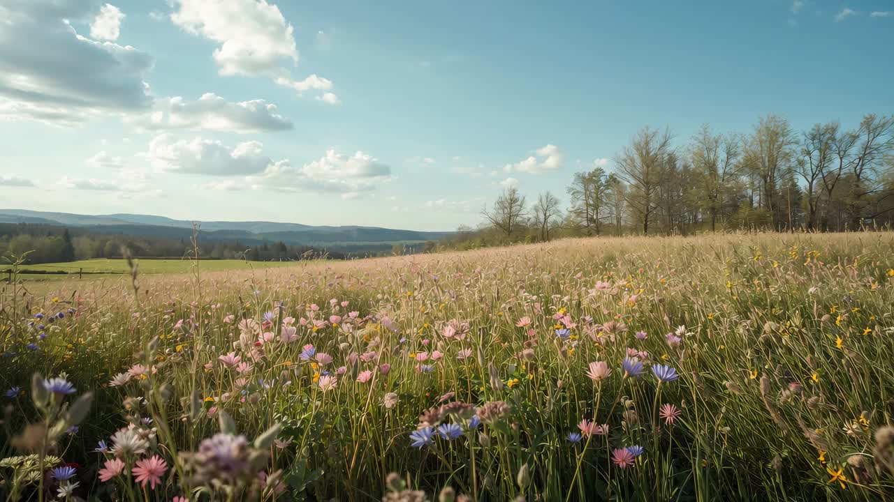 Gliding low camera starting low, sweeping through meadow wildflowers and grass, revealing hills