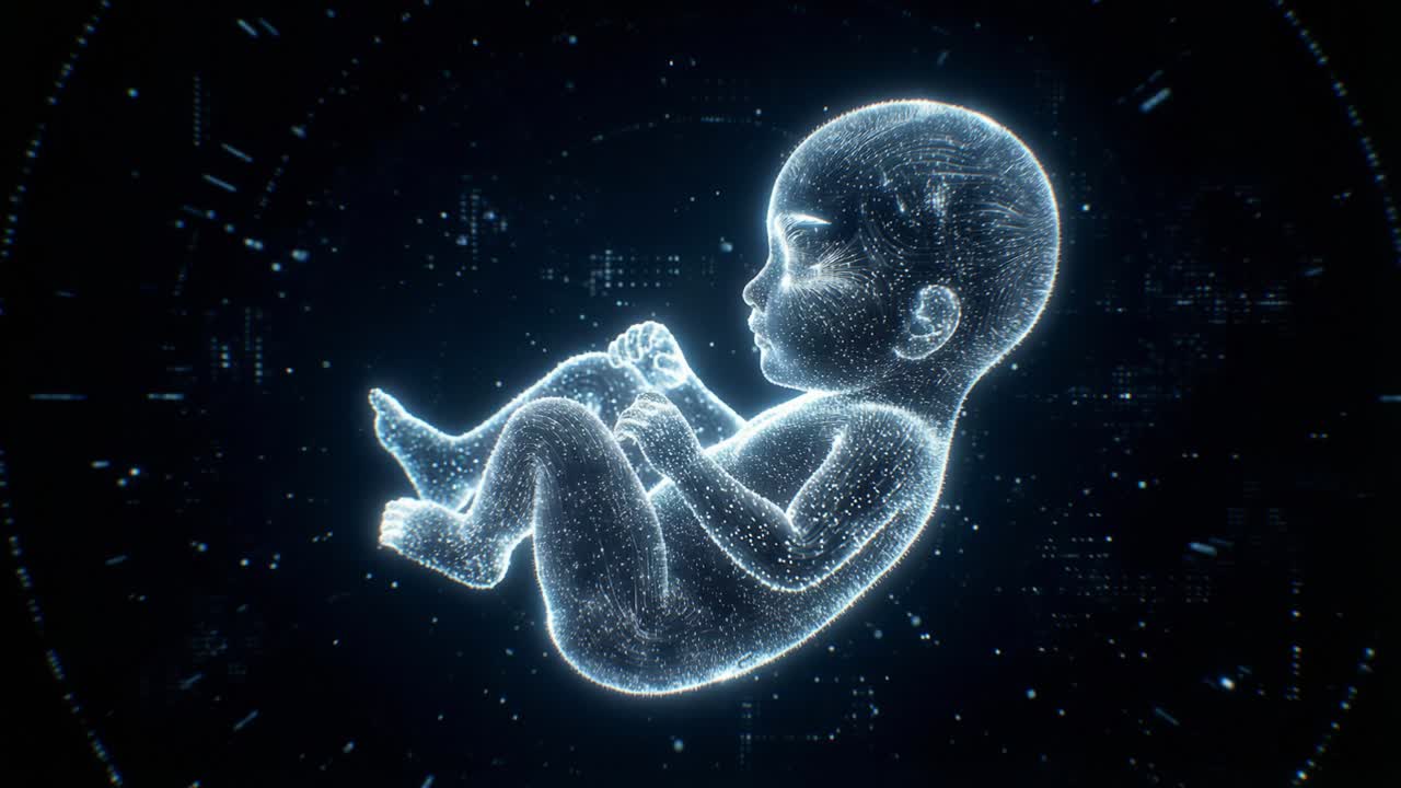 Feto digitale luminoso e rotante su uno sfondo scientifico astratto