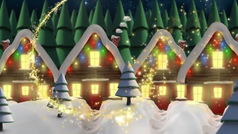 animation of shooting star over christmas houses and winter landscape