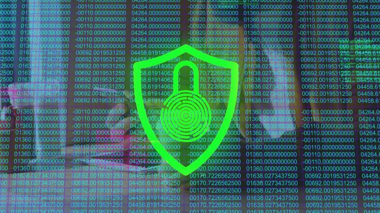 Shield showing fingerprint-motif fading green to red pulsing over code background in 3D render