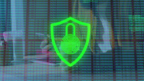 shield showing fingerprint-motif fading green to red pulsing over code background in 3d render