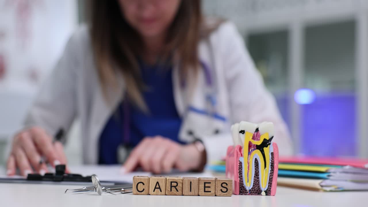 Dokterbureau met cariësblokjes en anatomisch tandmodel.