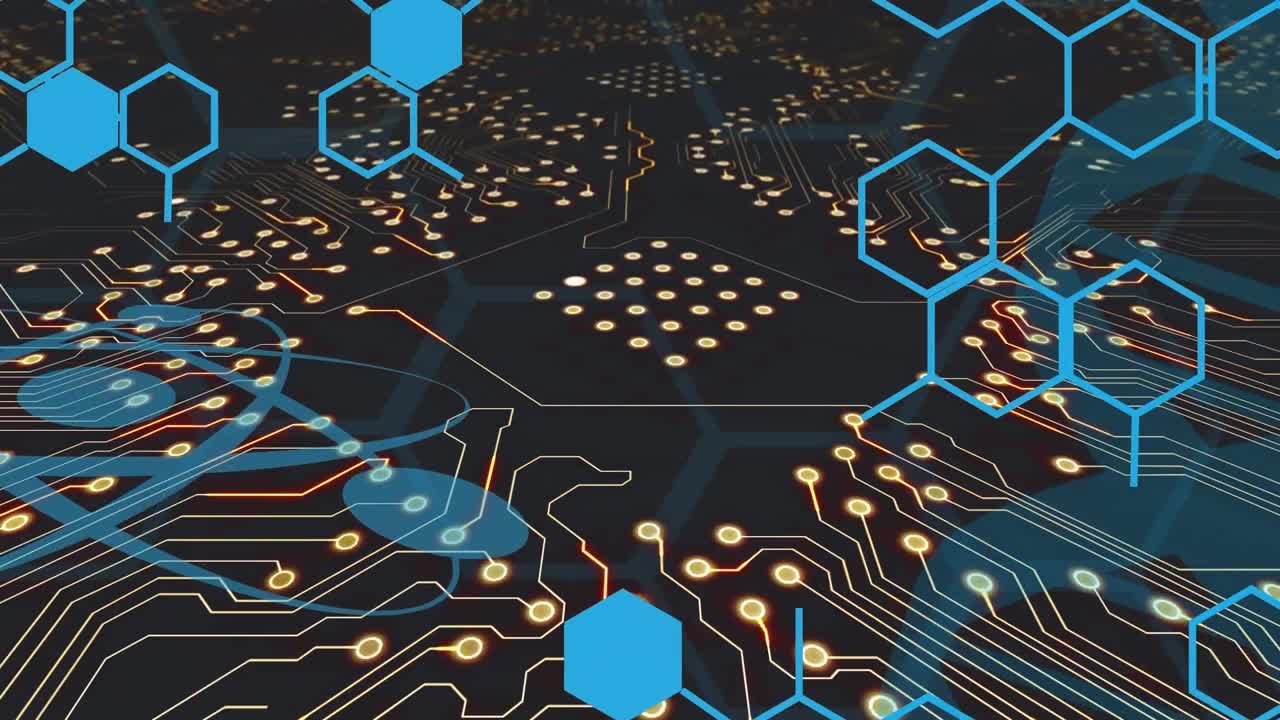 Animation of chemical formula over computer circuit board on black background