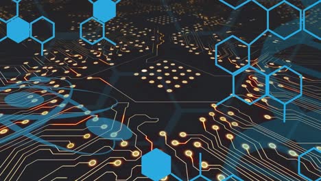 animation of chemical formula over computer circuit board on black background