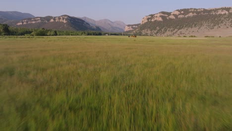 drone flies low over wide grassland with distant mountains in sunlight basin, wyoming