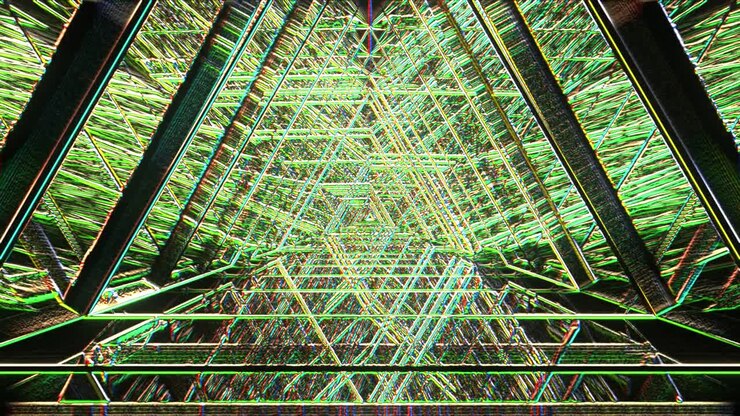 Sfondo grafico astratto, per mostrare un loop che passa a uno sfondo colorato, concetto artistico. Il design creativo presenta motivi astratti a triangoli dinamici in movimento, uno sfondo alla moda con spazio per il testo.