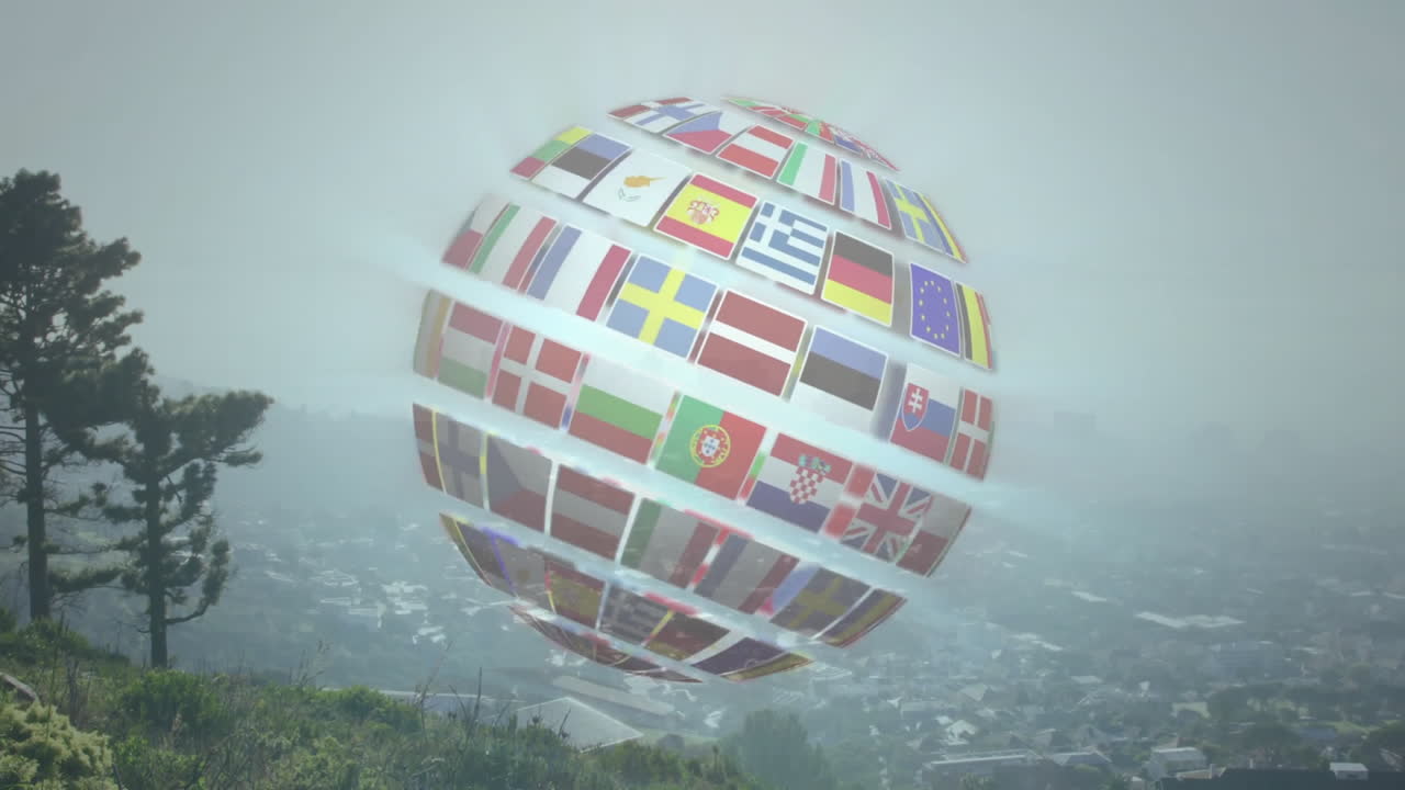 Rotating animation of globe with flags over misty landscape in school setting