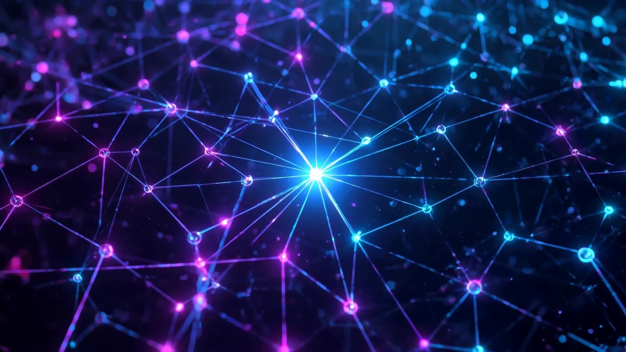 Intensifying central node sending radial beams in digital network, activating cyan magenta nodes