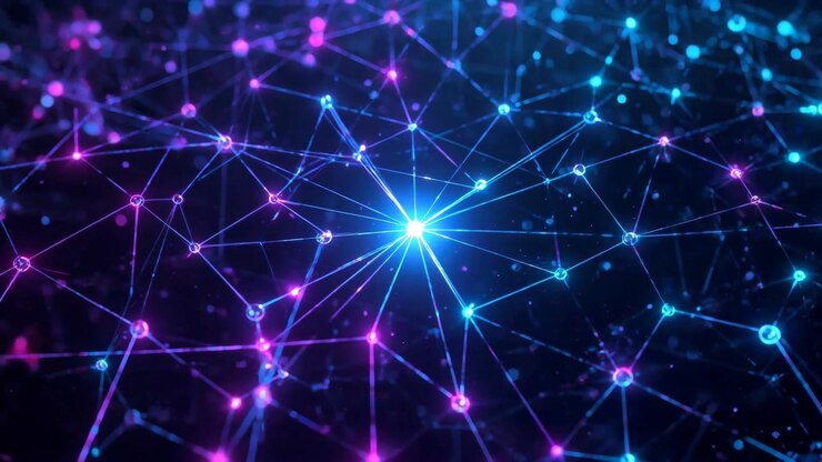 Intensifying central node sending radial beams in digital network, activating cyan magenta nodes