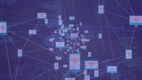 animation of network of connections with icons over data processing