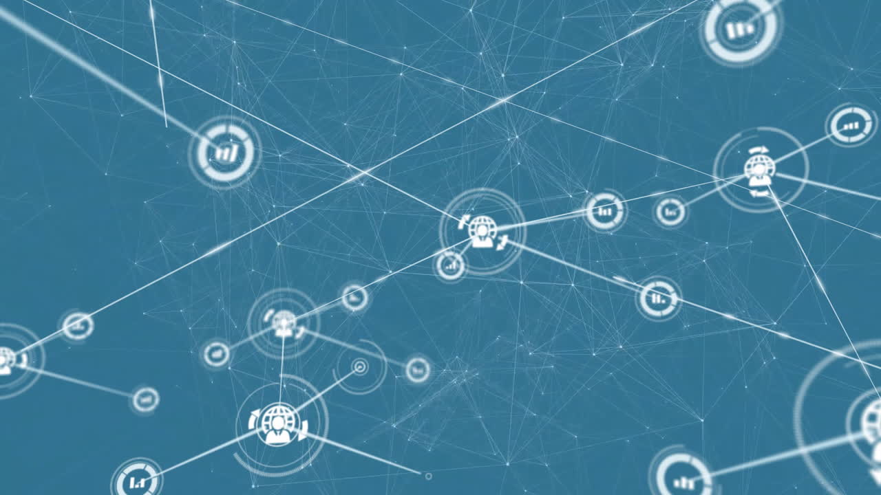 animación de la red de conexiones con iconos sobre fondo azul
