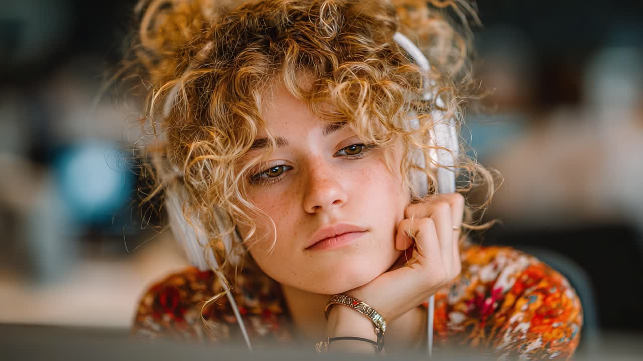 Giovane donna pensierosa con capelli ricci che indossa cuffie, profondamente concentrata e immersa nei suoi pensieri, ripresa in un moderno ambiente di lavoro con illuminazione soffusa