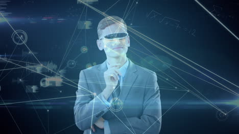 animación de la red de conexiones con iconos sobre el hombre caucásico que usa auriculares vr