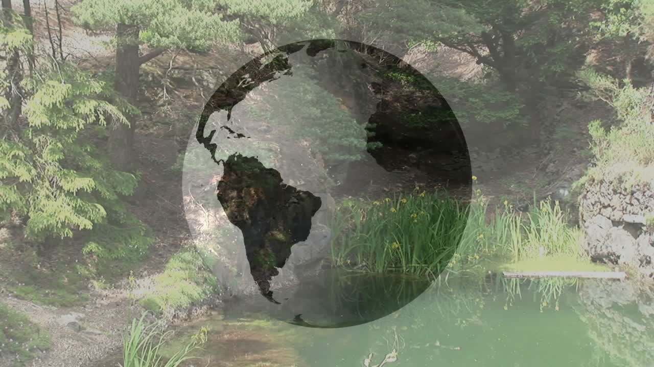 Animation of Earth silhouette above lush garden pond with tranquil greenery