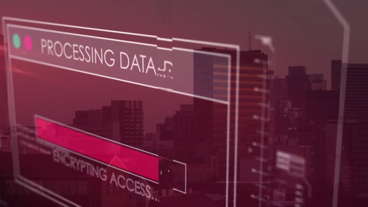 Processing data and recovering database animation over cityscape at dusk