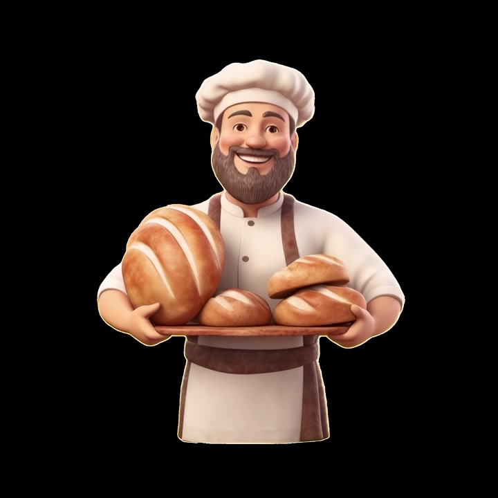 Panettiere animato in 3D che tiene un vassoio di pane fresco