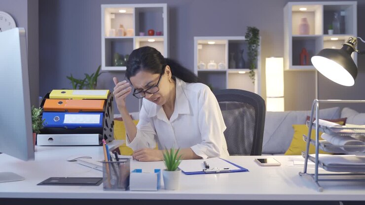 Business woman working in home office has a headache.