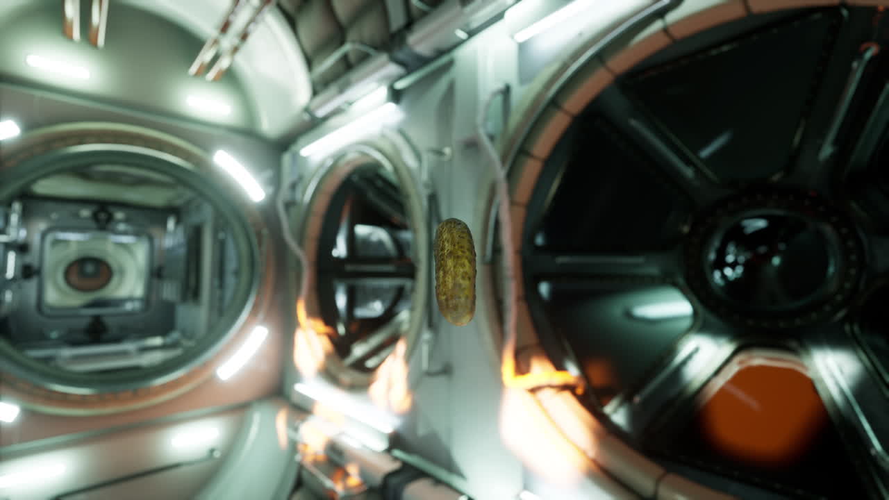 pepino encurtido marinado flotando en la estación espacial internacional