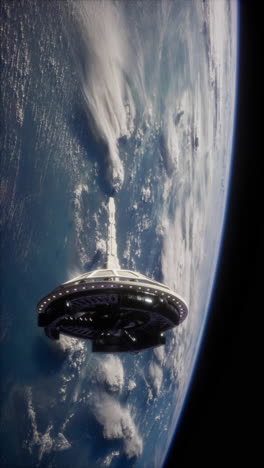 a futuristic spacecraft flying above earth