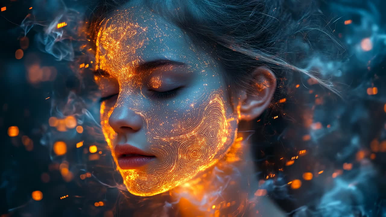 Face with light and smoke effects. A young person stands still with closed eyes. Light patterns shine and smoke surrounds the face in a dark setting