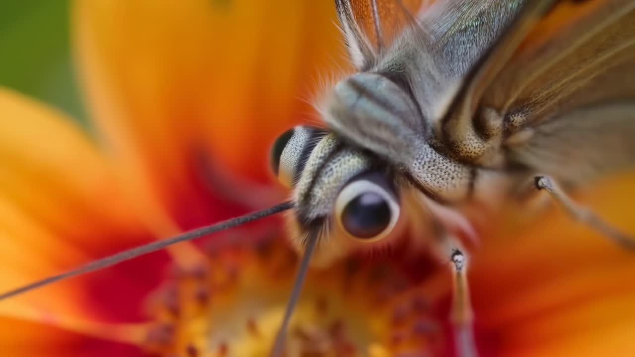 Falena su fiore arancione che si nutre, macro, primo piano estremo della proboscide di falena striata che sorseggia nettare da un fiore vibrante