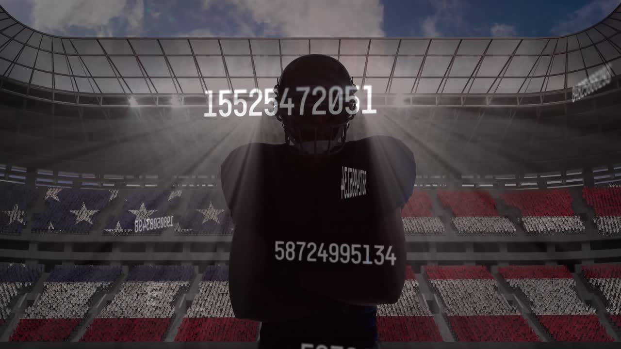 배경 에 있는 스포츠 경기장 에 대한 남성 럭비 선수 의 실루 을 가로질러 여러 번 변하는 숫자