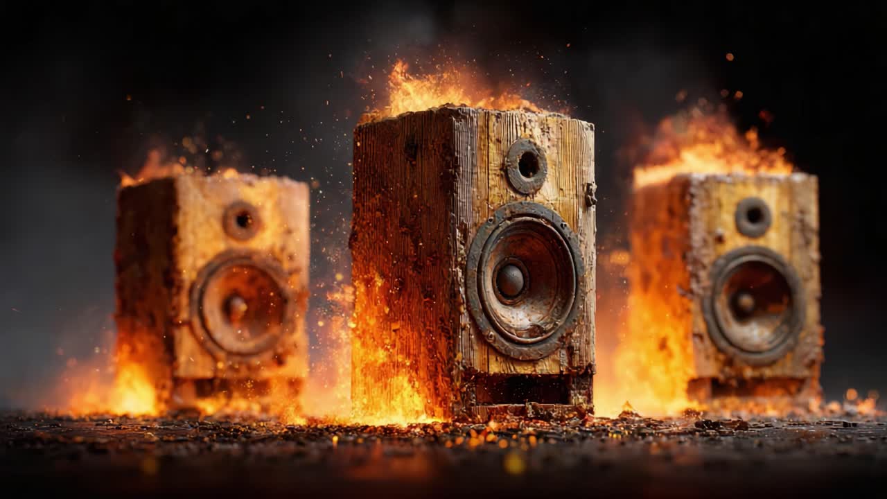 Inferno di suoni: Tre altoparlanti di legno in fiamme, che catturano l'intensità della passione musicale e della distruzione creativa in una straordinaria rappresentazione visiva