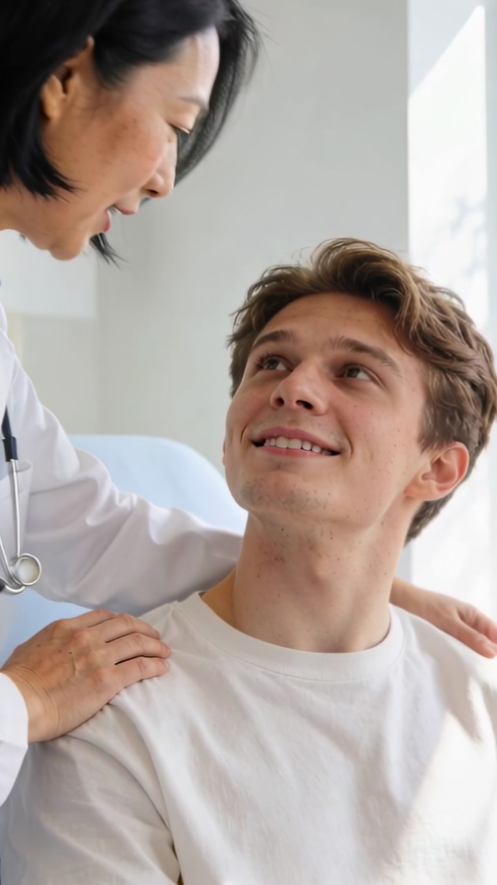 Vertical video: Placing hand doctor in white coat reassuring patient at clinic with stethoscope