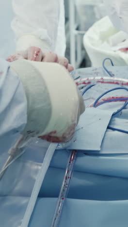 los médicos preparan los tubos torácicos para la cirugía. un equipo quirúrgico experimentado afina rápidamente el equipo para eliminar el aire y drenar el líquido de la cavidad en la clínica.