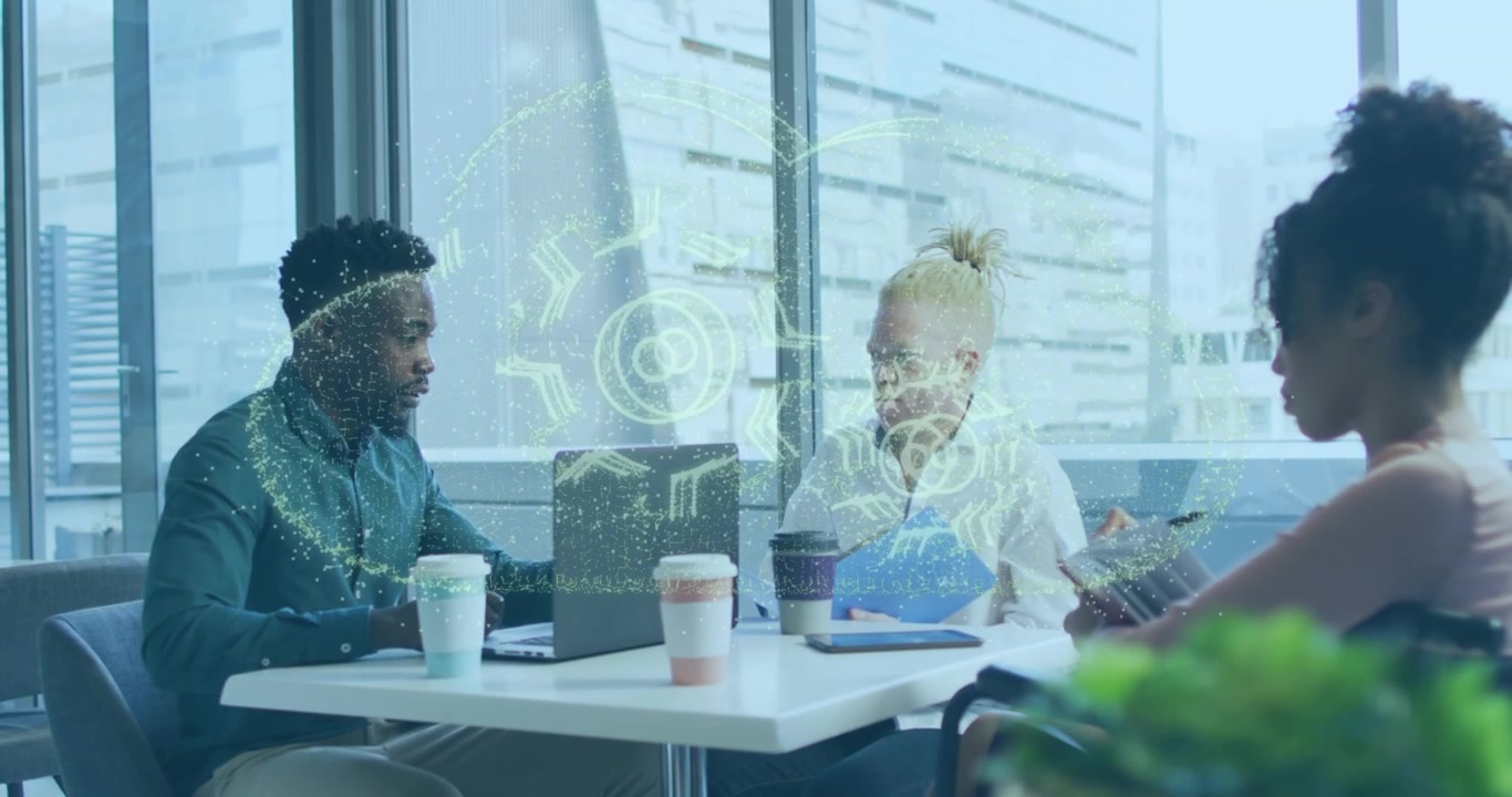 Animation of cloud with cogs over diverse business people in office