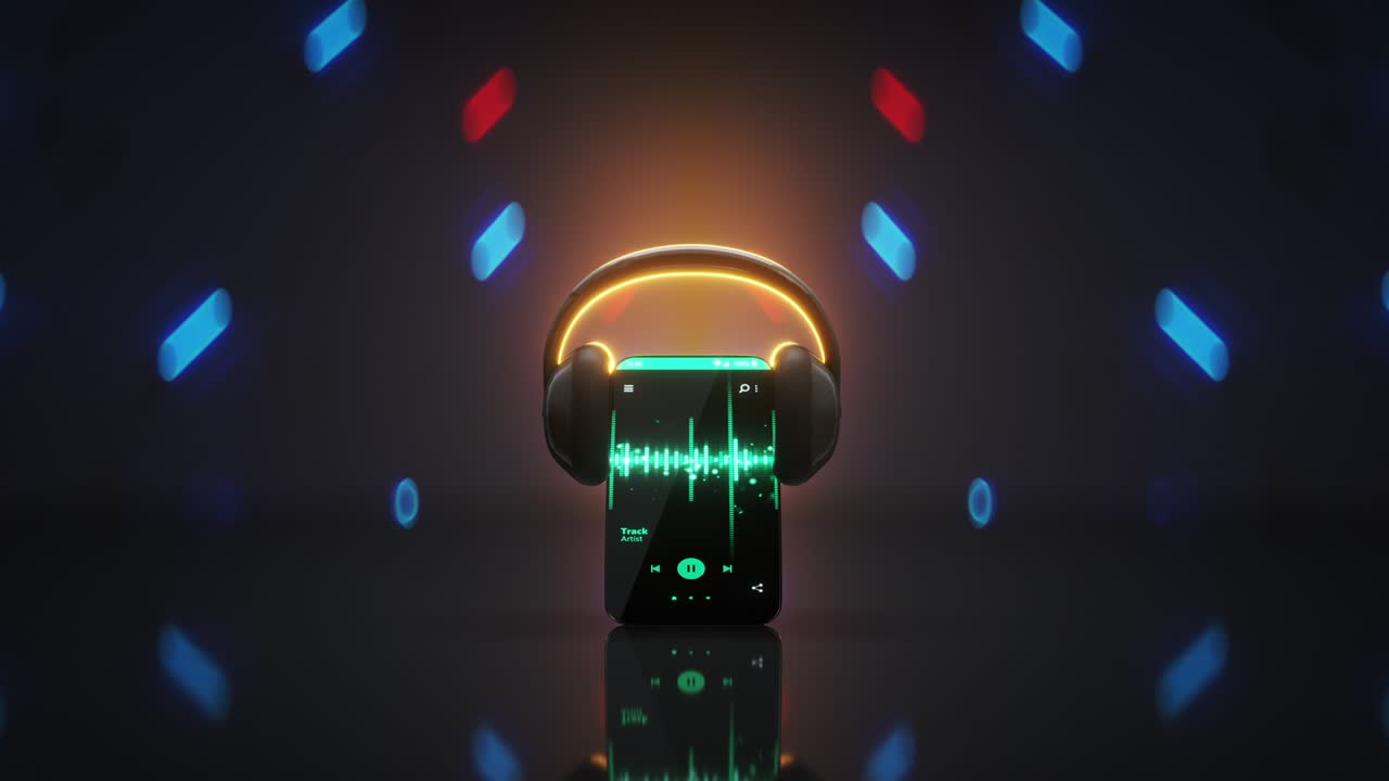 Mobile phone with headphones is dancing seamless loop 3D render animation