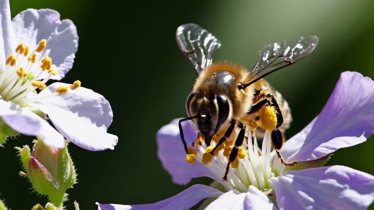 Close-up video shot of a bee on a flower, captured from a low angle. The focus is on the bee's wings