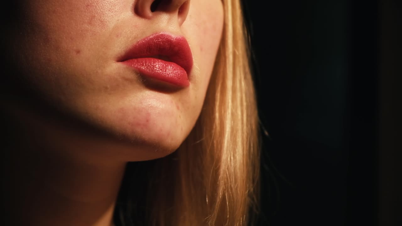 primer plano de la cara de una mujer con lápiz labial rojo y acné