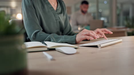 planning, computer and hands of business person