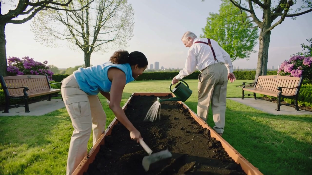 Starting woman blue top hoeing, man green can pouring, preparing raised bed for planting in park