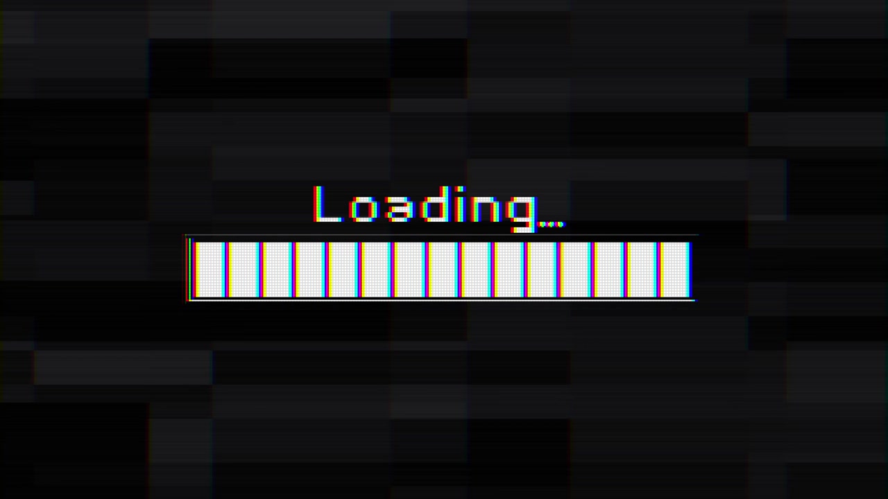 Digital error loading screen visual with pixel glitch blocks scan lines and bright progress bar on