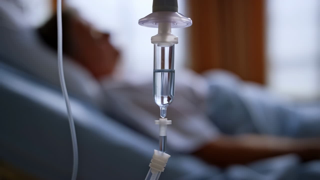Close-up of an IV drip with a patient lying in a hospital bed in the background