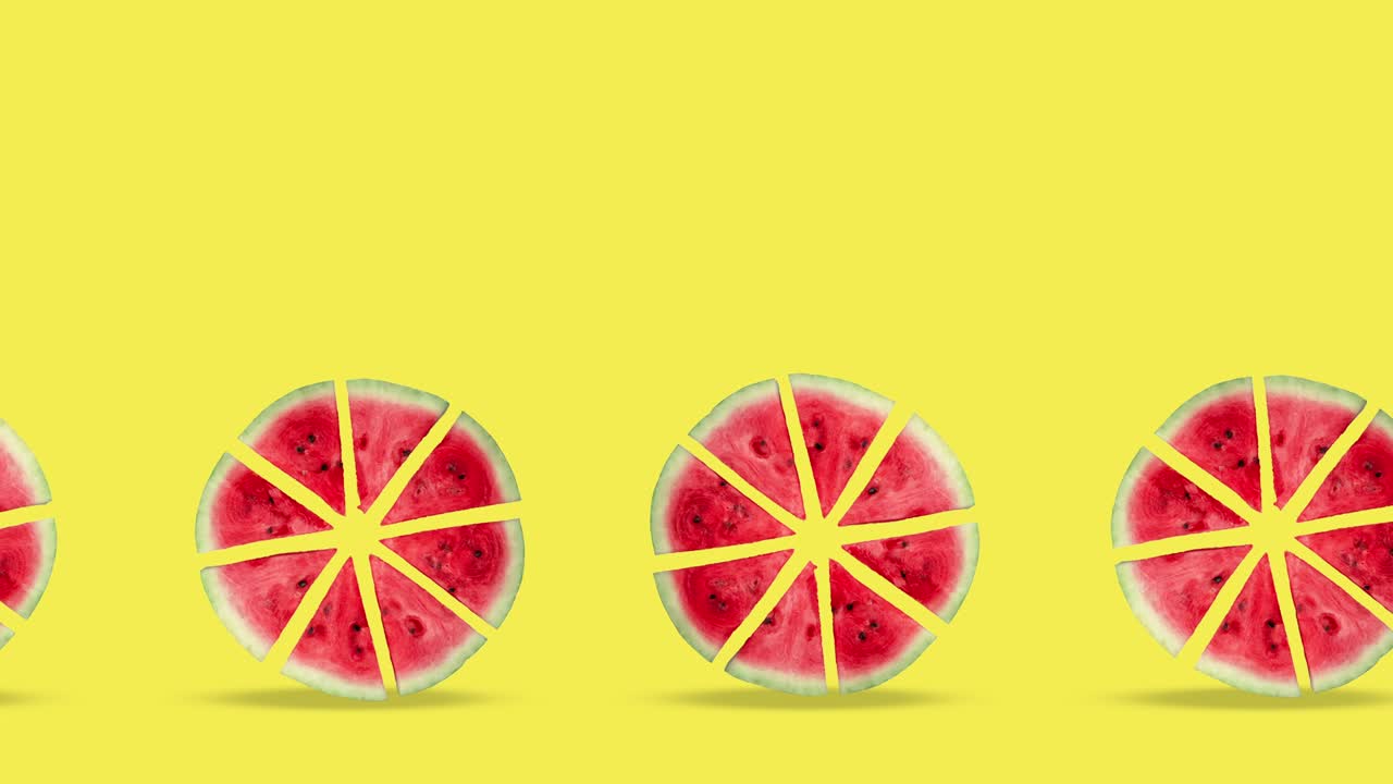 watermelon slices animated on a yellow background. realistic 3d food sliding. creative motion design art, advertising concept with healthy food