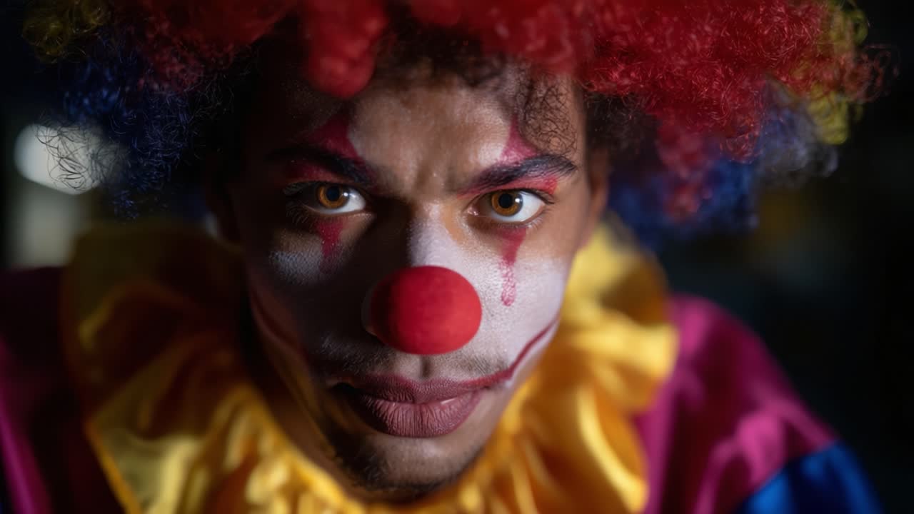 A Colorful Clown: Captivating Close-up Portrait of a Performer with Vibrant Makeup and Bright Attire Showcasing Emotion and Character in a Unique Setting