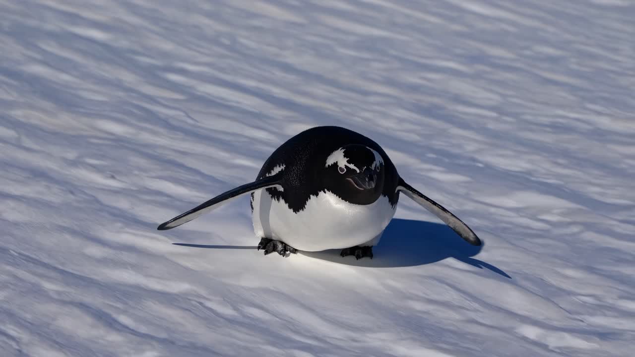 A playful penguin slides down a snowy slope, capturing the essence of nature's joy