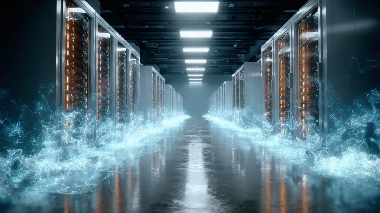 An Enigmatic Data Center Corridor Featuring High-Tech Server Racks Surrounded by Dynamic Streams of Light and Digital Effects, Illustrating Modern Data Infrastructure