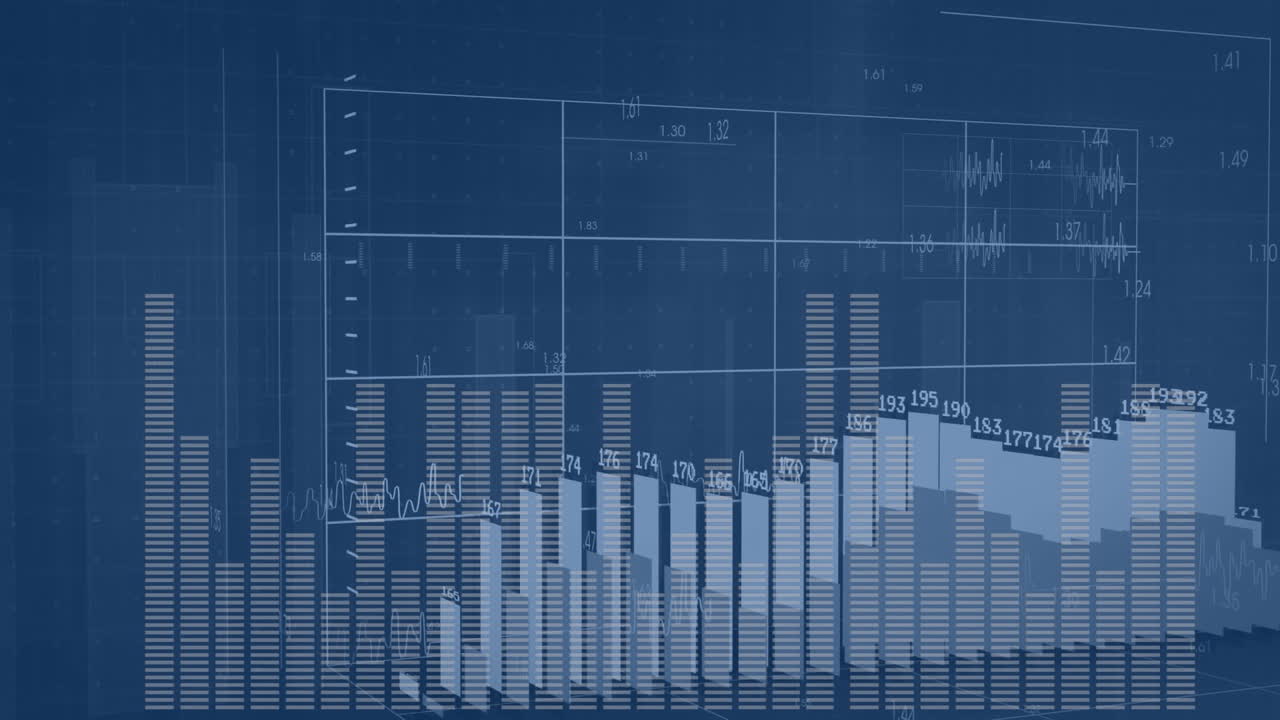 Financial data and stock market analysis animation over blue background with charts