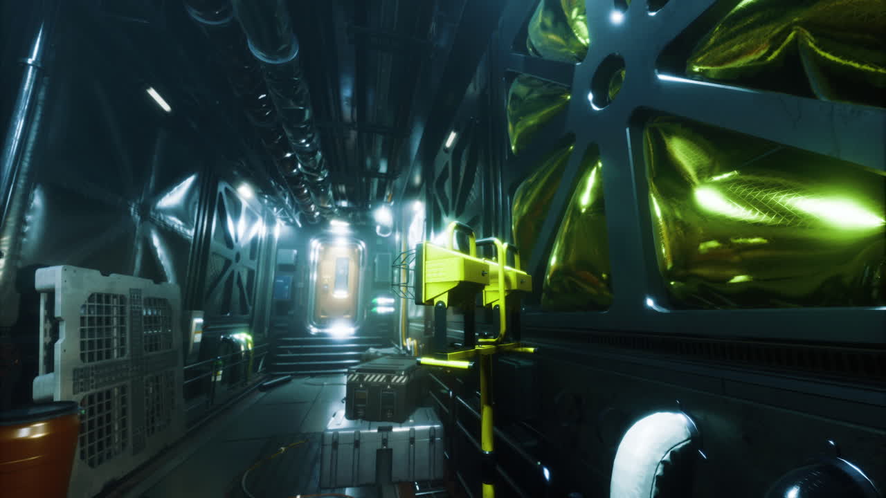 Exploring a futuristic corridor in a spacecraft with glowing details