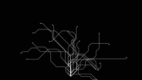 animation of white lines making a circuit, process of lightning up micro processing unit or making a scheme of subway metro map