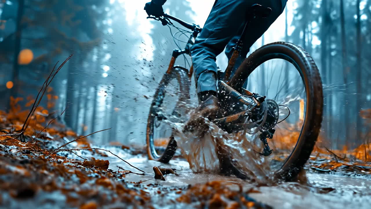 Mountain biking through a muddy trail. A cyclist rides through a muddy path in a forest, splashing water as they pedal