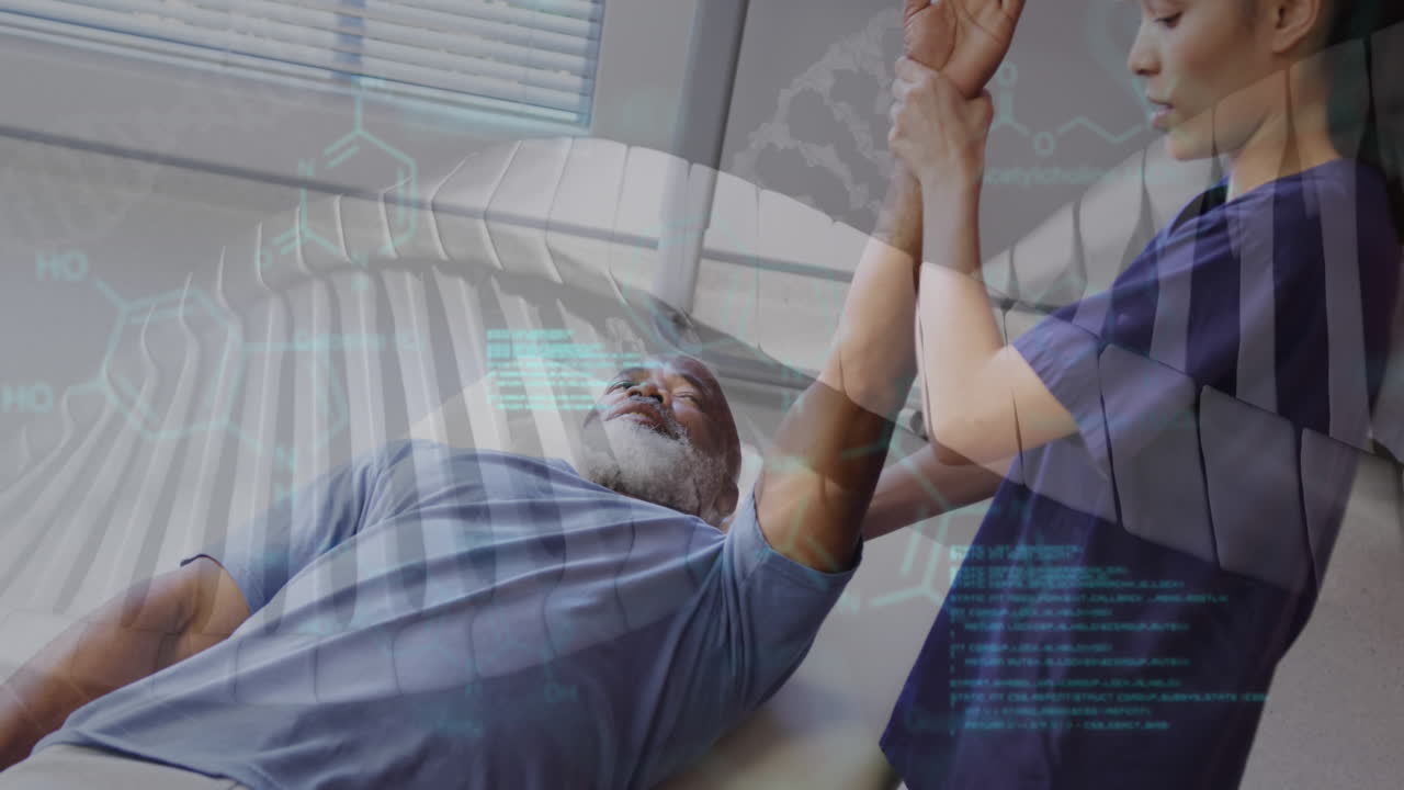 남성 환자와 함께 두 인종의 여성 의사에 대한 dna 가닥과 데이터의 애니메이션